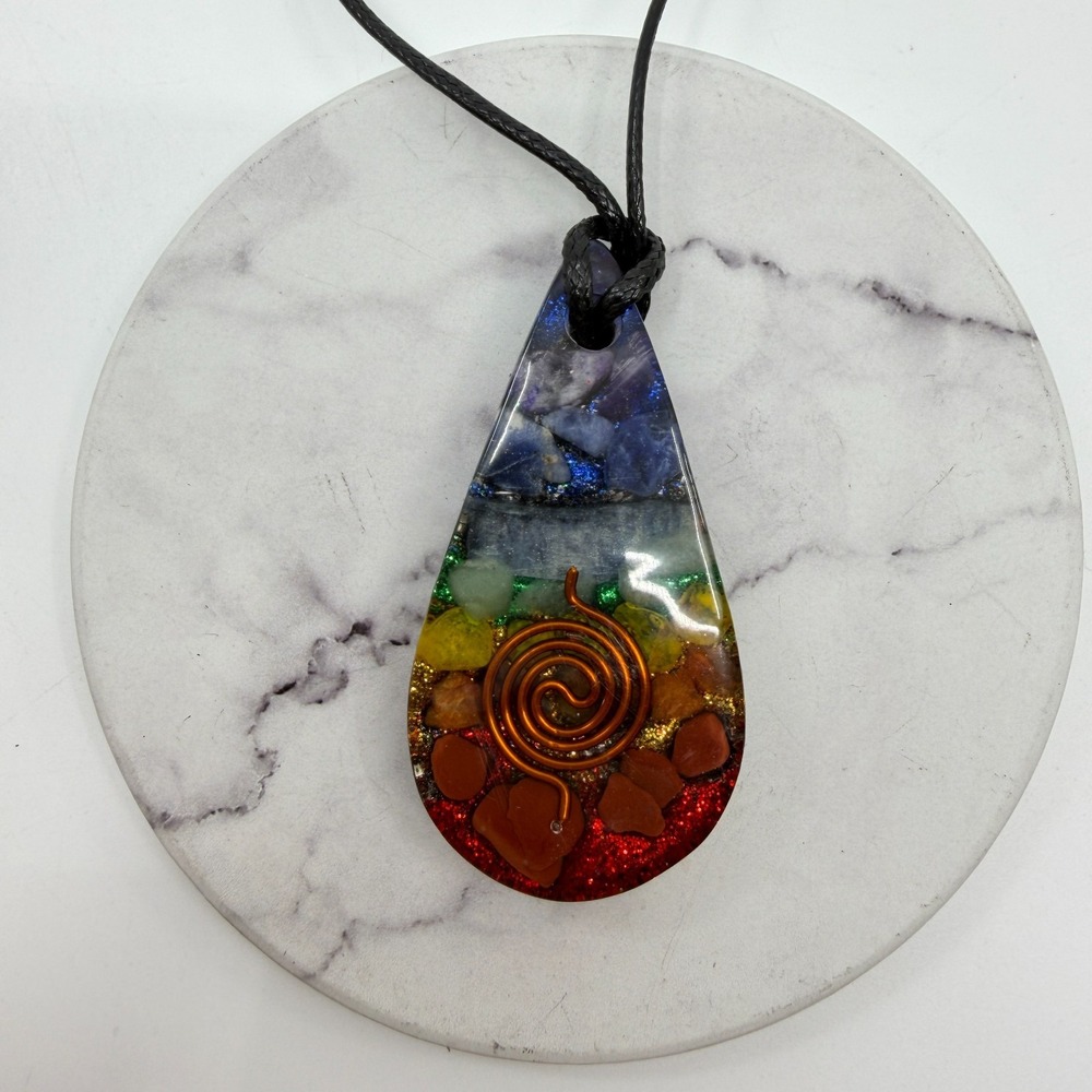 Chakra Gemstone Chip Orgonite Pendant Necklace Copper Tone Spiral Teardrop